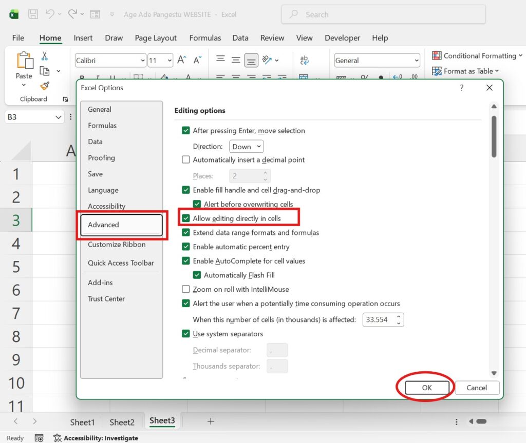 Aktifkan Edit Langsung di Sel