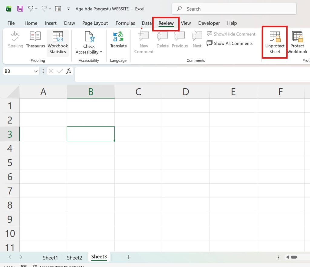 Membuka Proteksi Worksheet
Jika sheet terkunci, kamu tidak bisa mengedit.