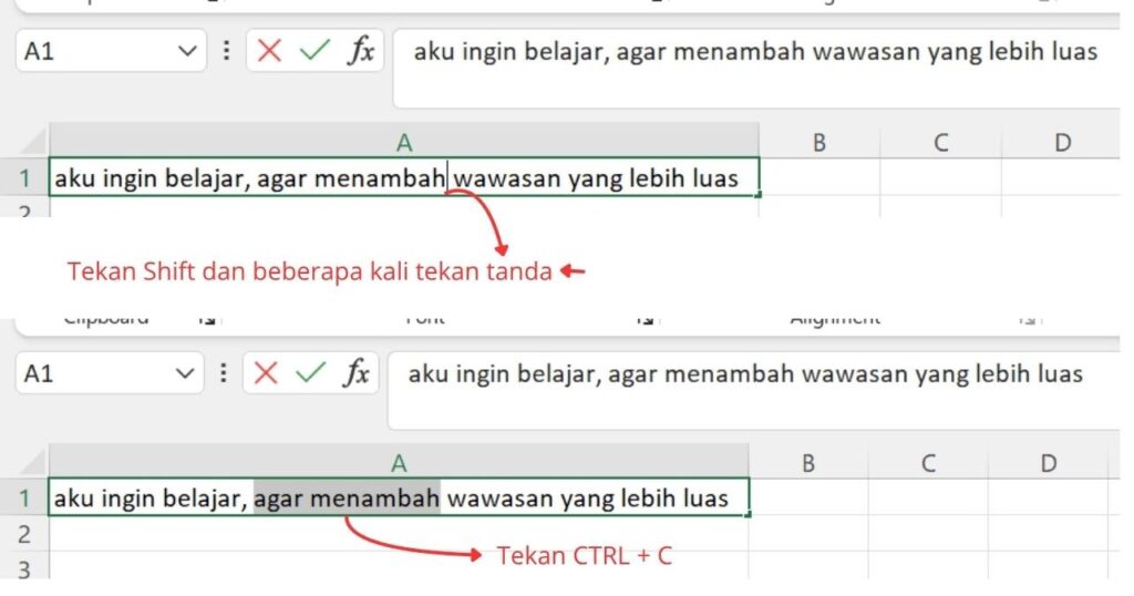 Cara Menyalin Sebagian Teks di Excel